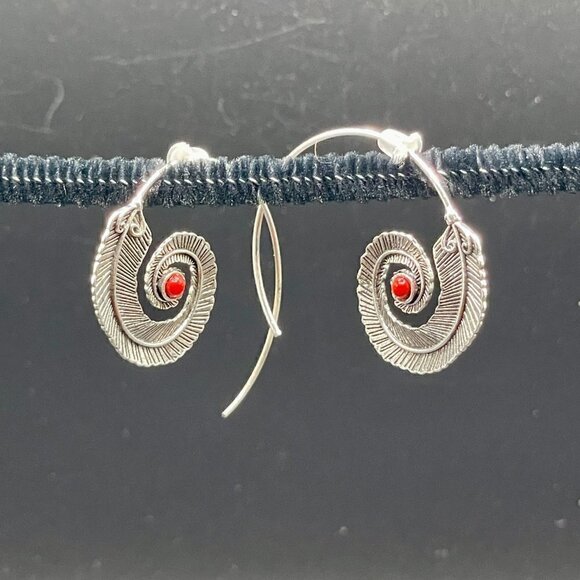 Medium Silver Feather Spiral Earrings in Red or Turquoise Blue #687 - Picture 2 of 15